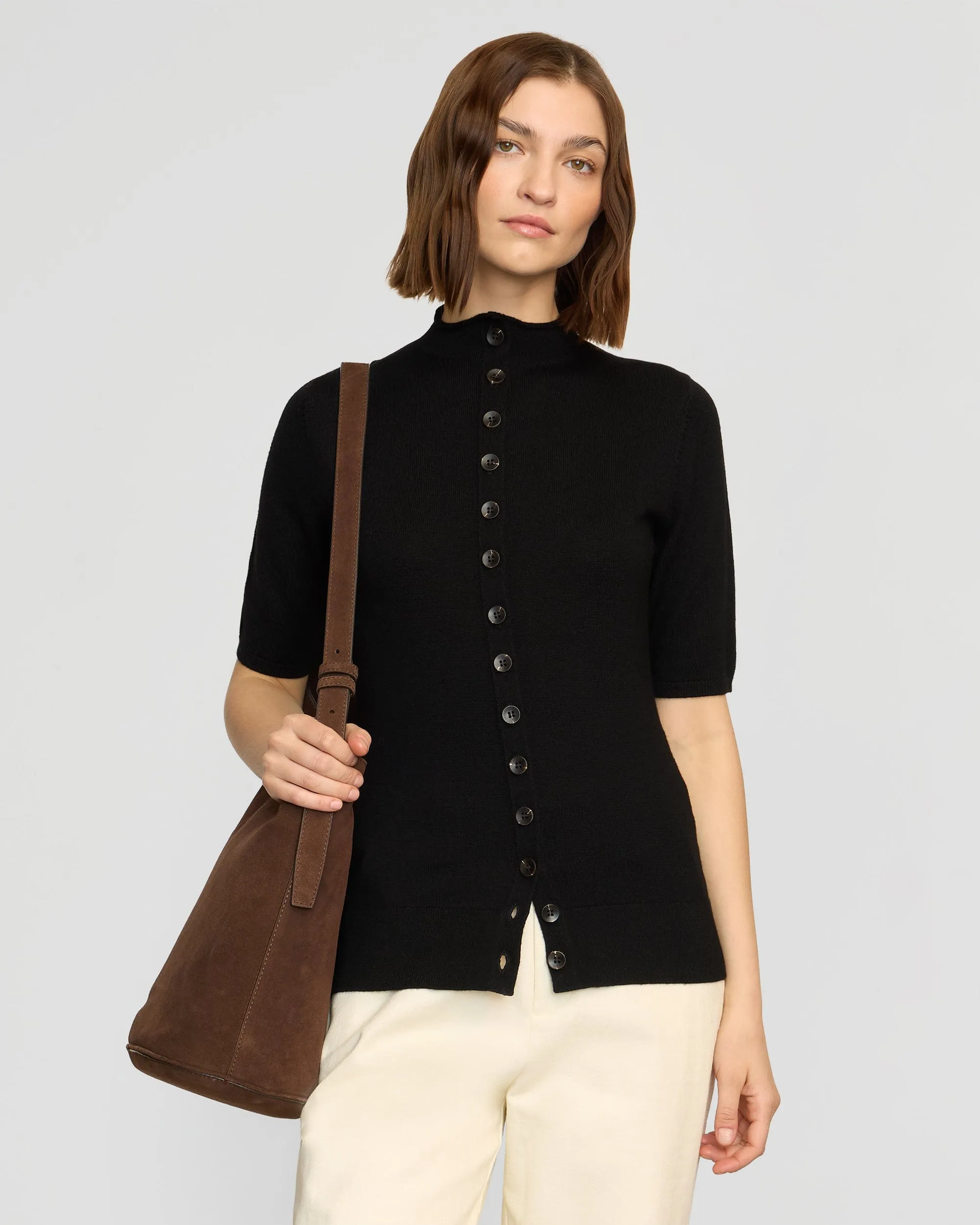 Charlotte Wool Button Short-Sleeve Sweater