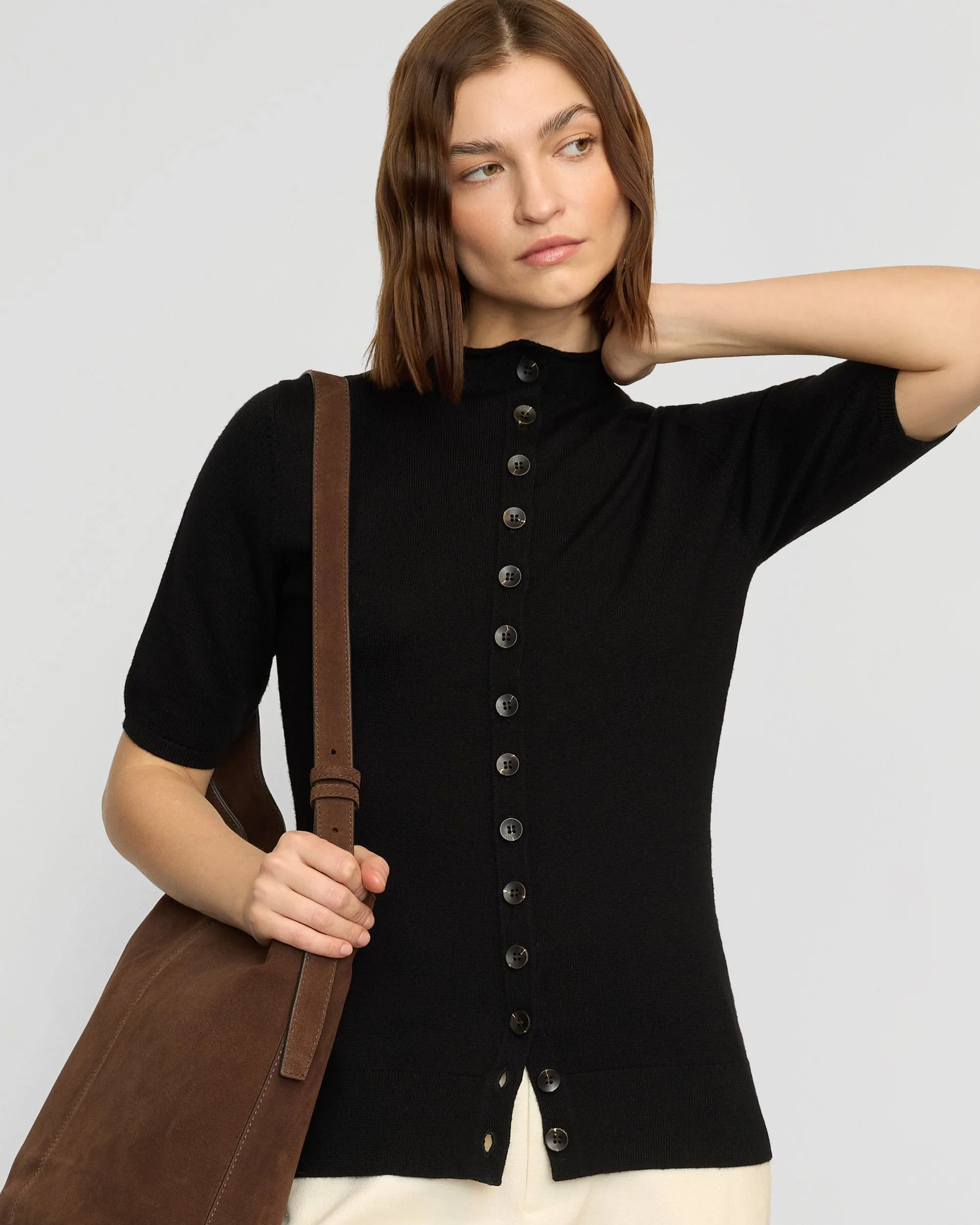 Charlotte Wool Button Short-Sleeve Sweater