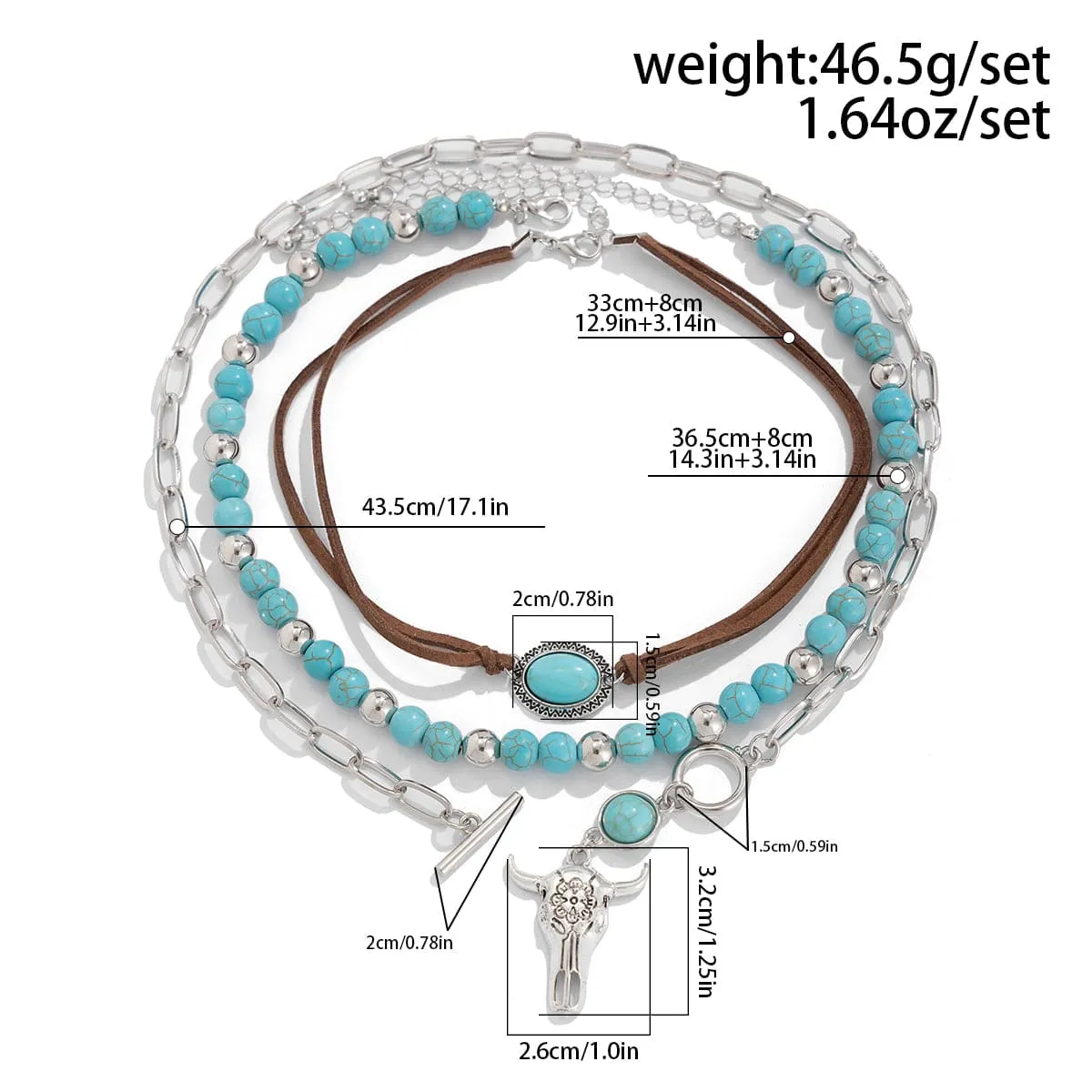 Chic Layered Toggle Clasp Bull Pendant Turquoise Chain Velvet Necklace Set