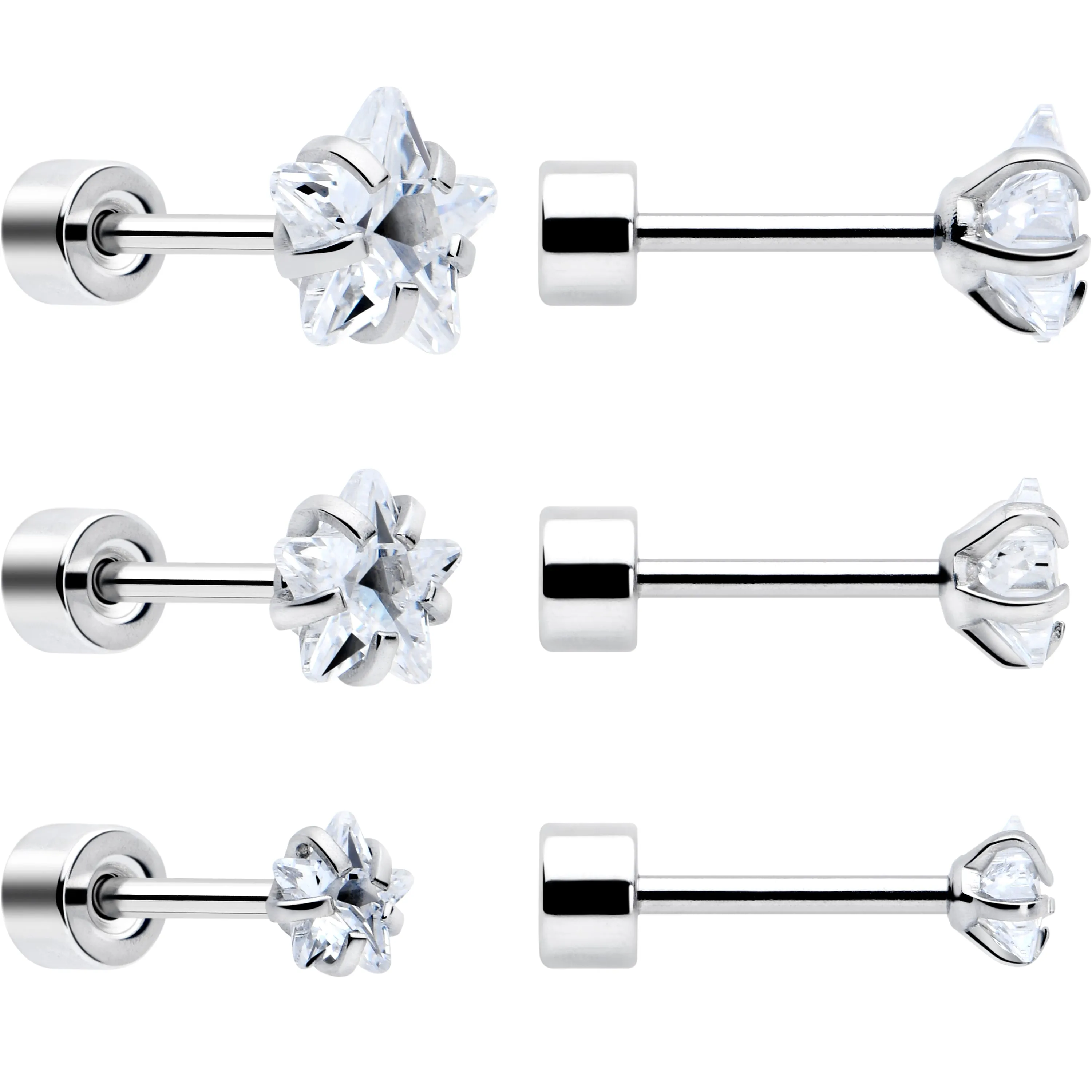 Clear Star CZ Flat Back Stud Earrings - 3 Pairs