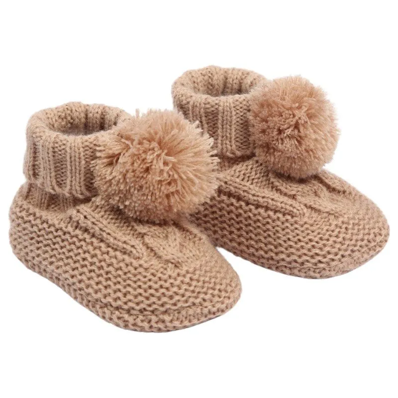 Coffee 'Elegance' Cable Knit Bootees w/Pom Pom : ABO12-COF