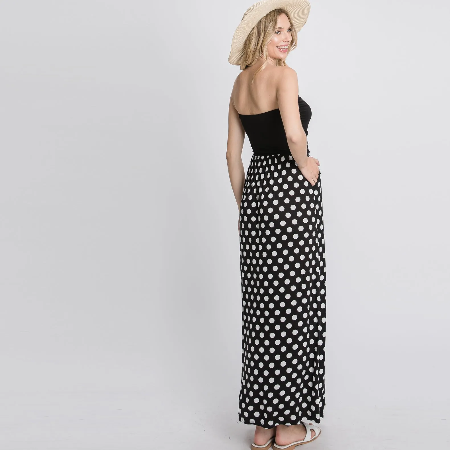 Color Block Dot Strapless Maxi Dress