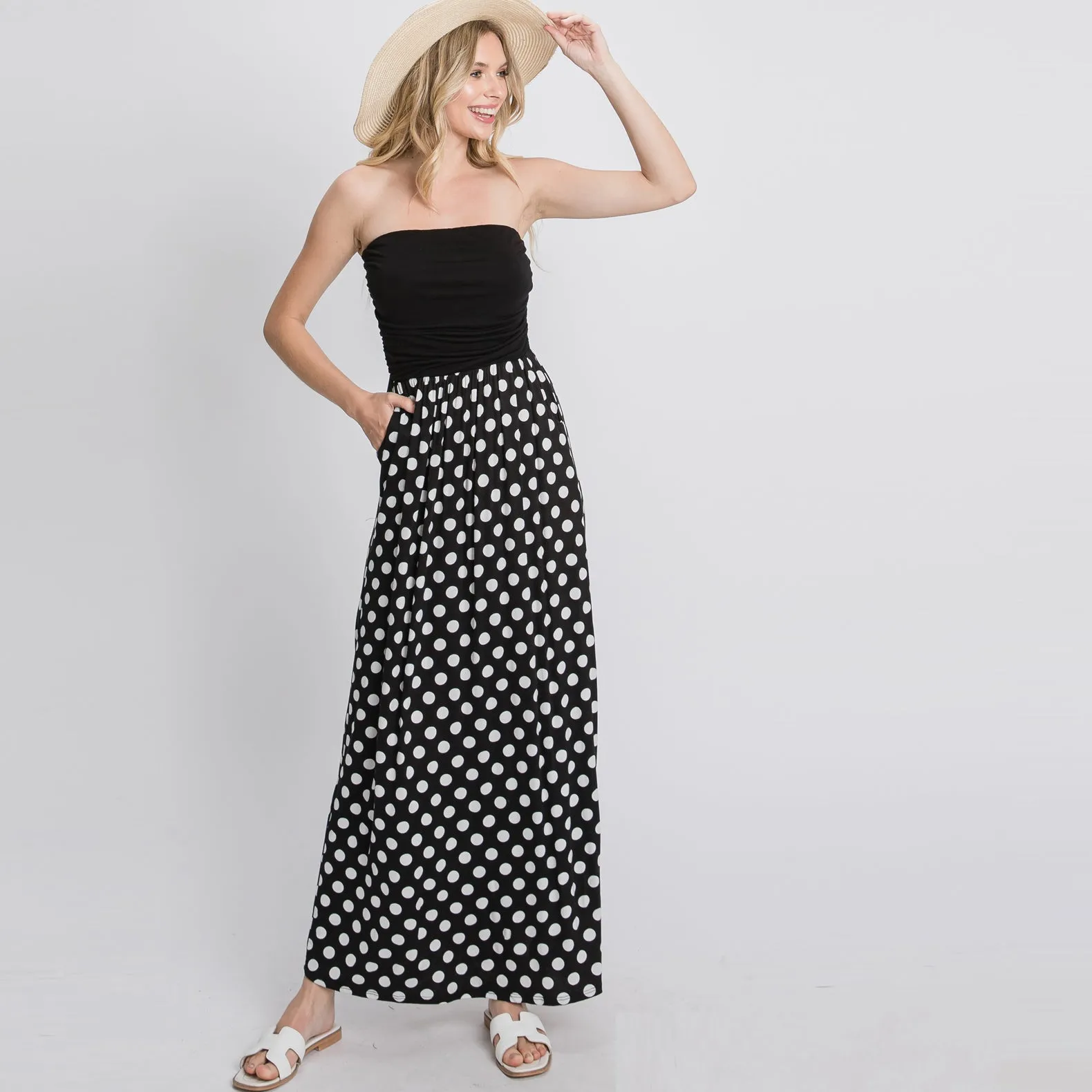 Color Block Dot Strapless Maxi Dress