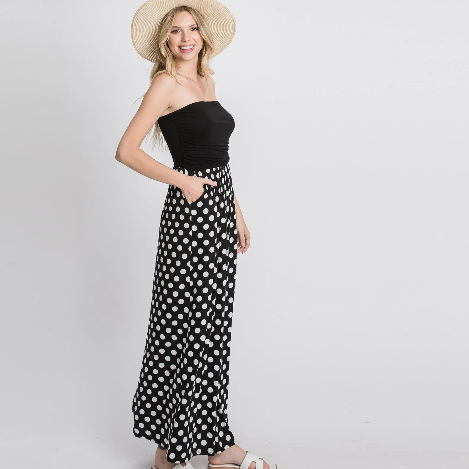 Color Block Dot Strapless Maxi Dress