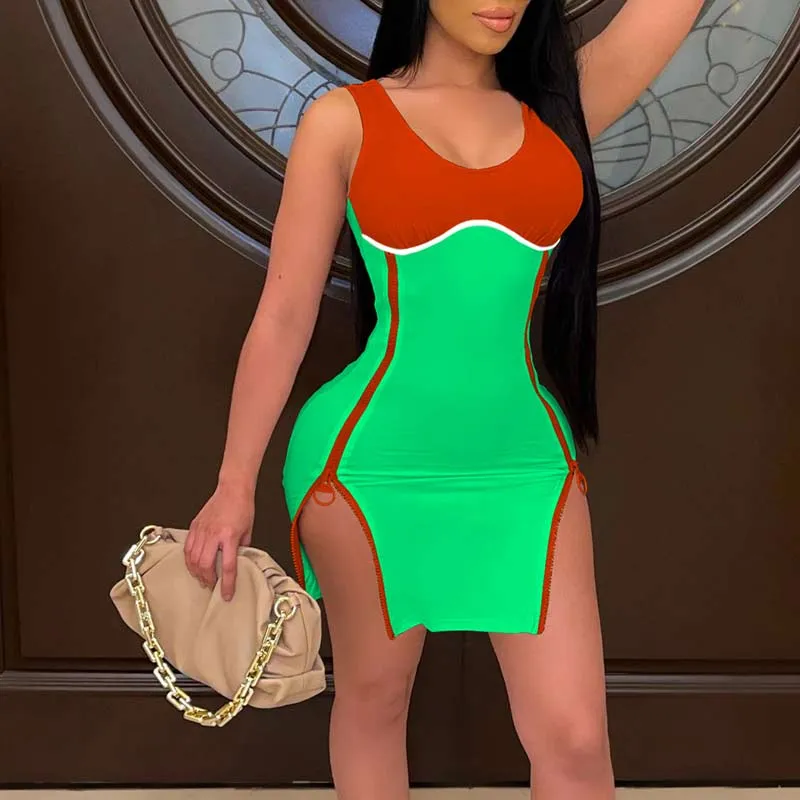 Colorblock Sleeveless Zipper Design Slit Bodycon Dress