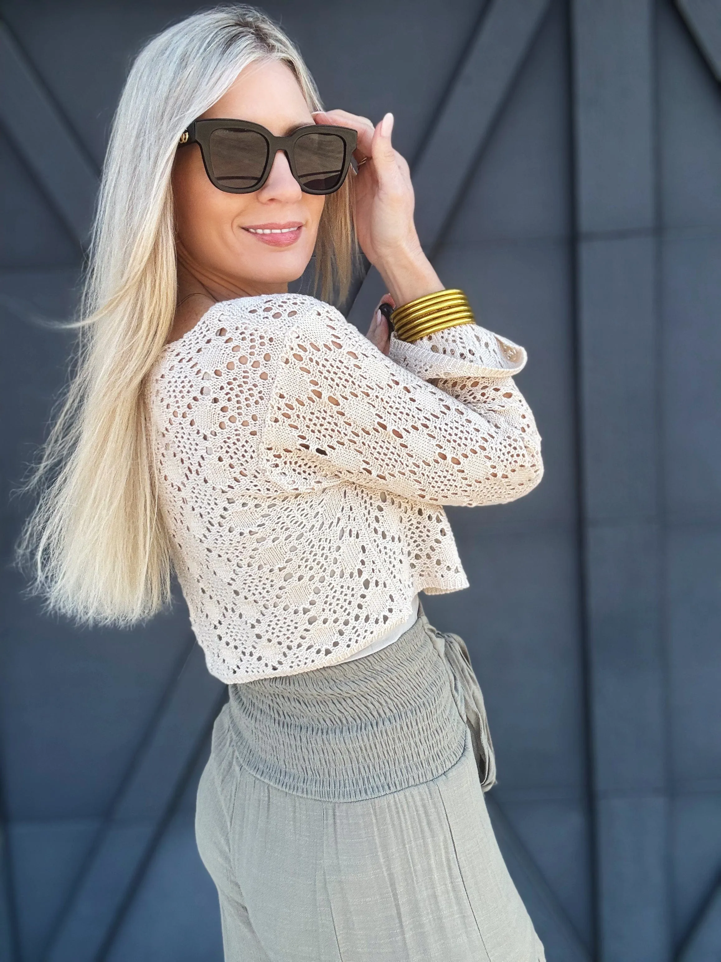 Crochet Long-sleeved Crop Top in Beige