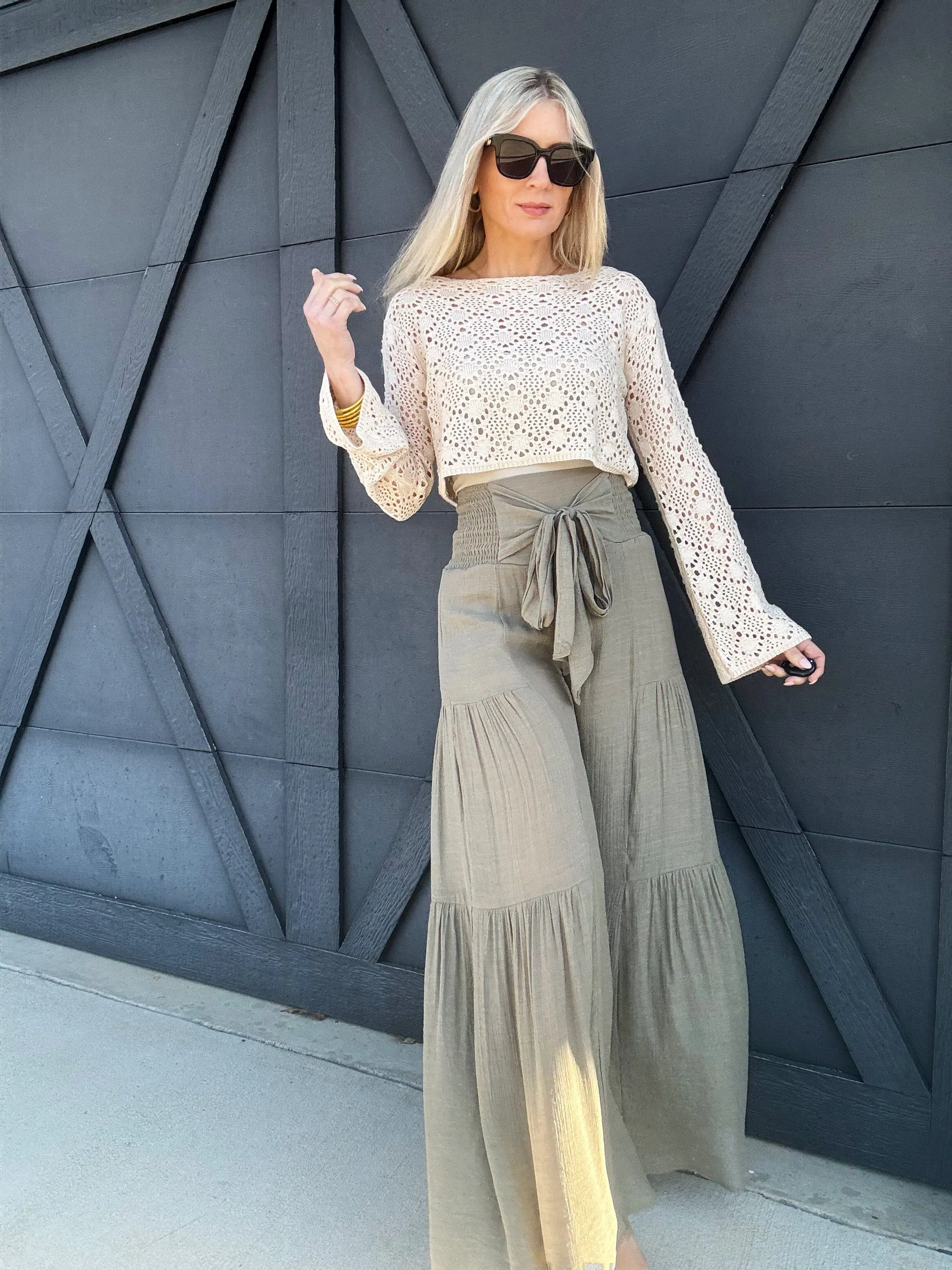 Crochet Long-sleeved Crop Top in Beige