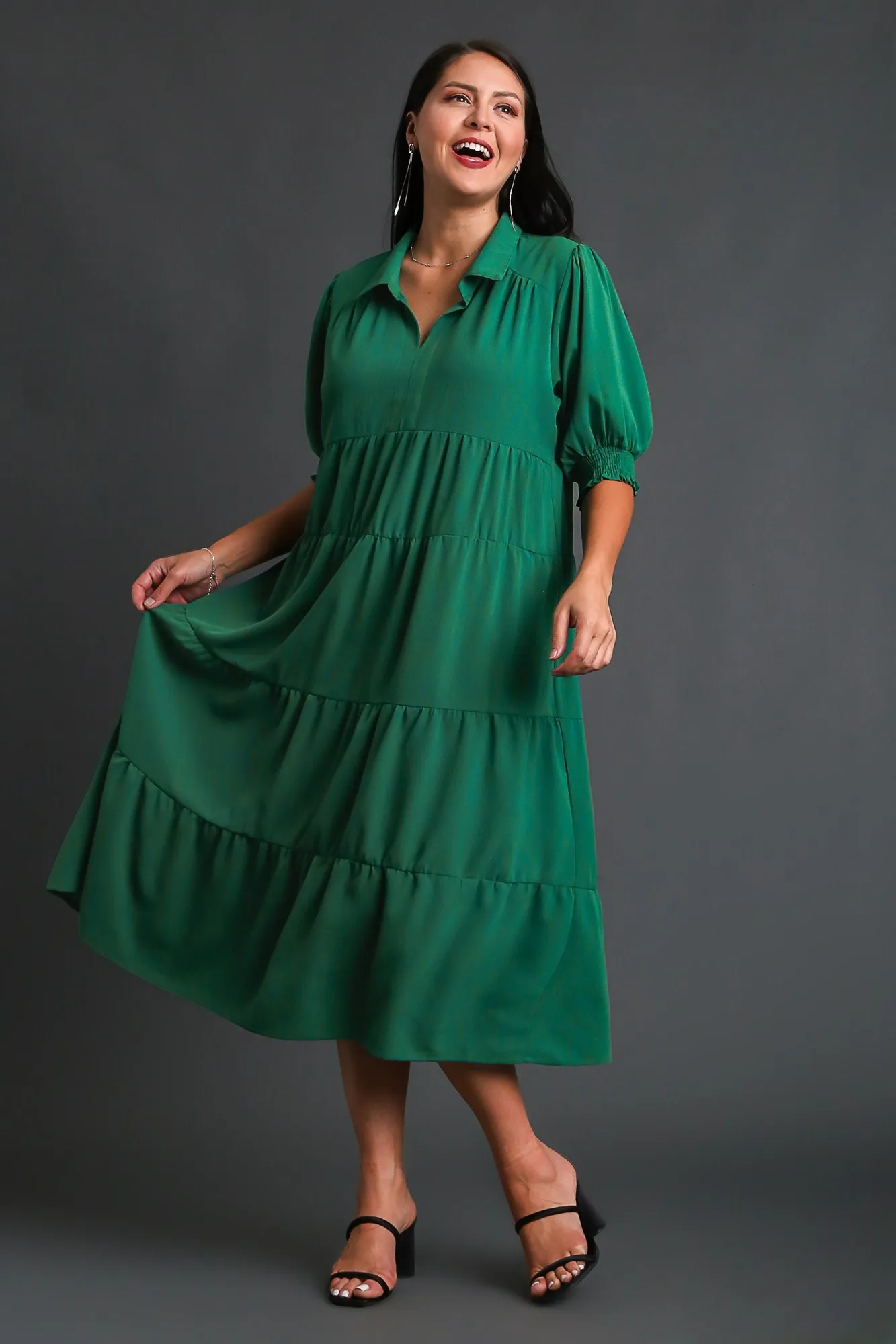 Edie Forest Green Collared Tiered Dress