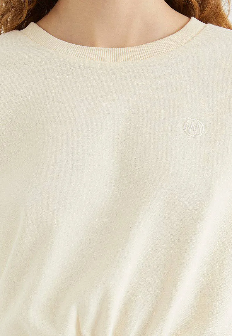 Ekru Bisiklet Yaka Pamuklu Regular Fit Kadın Crop Sweatshirt ENJOY ELASTICATED HEM