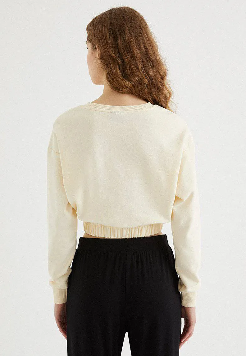 Ekru Bisiklet Yaka Pamuklu Regular Fit Kadın Crop Sweatshirt ENJOY ELASTICATED HEM