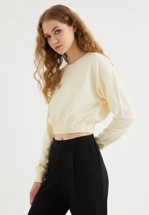 Ekru Bisiklet Yaka Pamuklu Regular Fit Kadın Crop Sweatshirt ENJOY ELASTICATED HEM