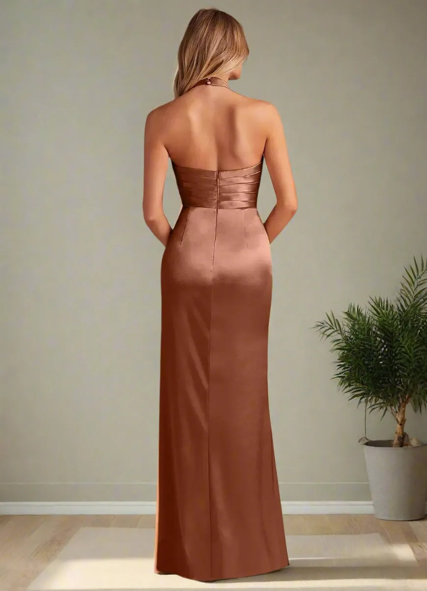 Elastic Satin High Neck Sleeveless Long Prom Dress with Slit