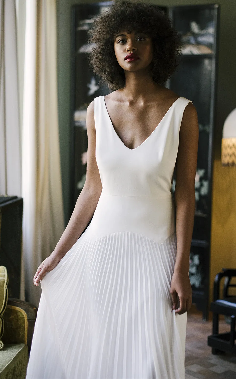 Elegant A Line V-neck Chiffon Sweep Train Wedding Dress with Pleats-716364