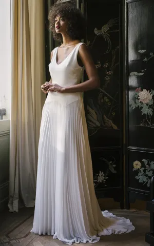 Elegant A Line V-neck Chiffon Sweep Train Wedding Dress with Pleats-716364