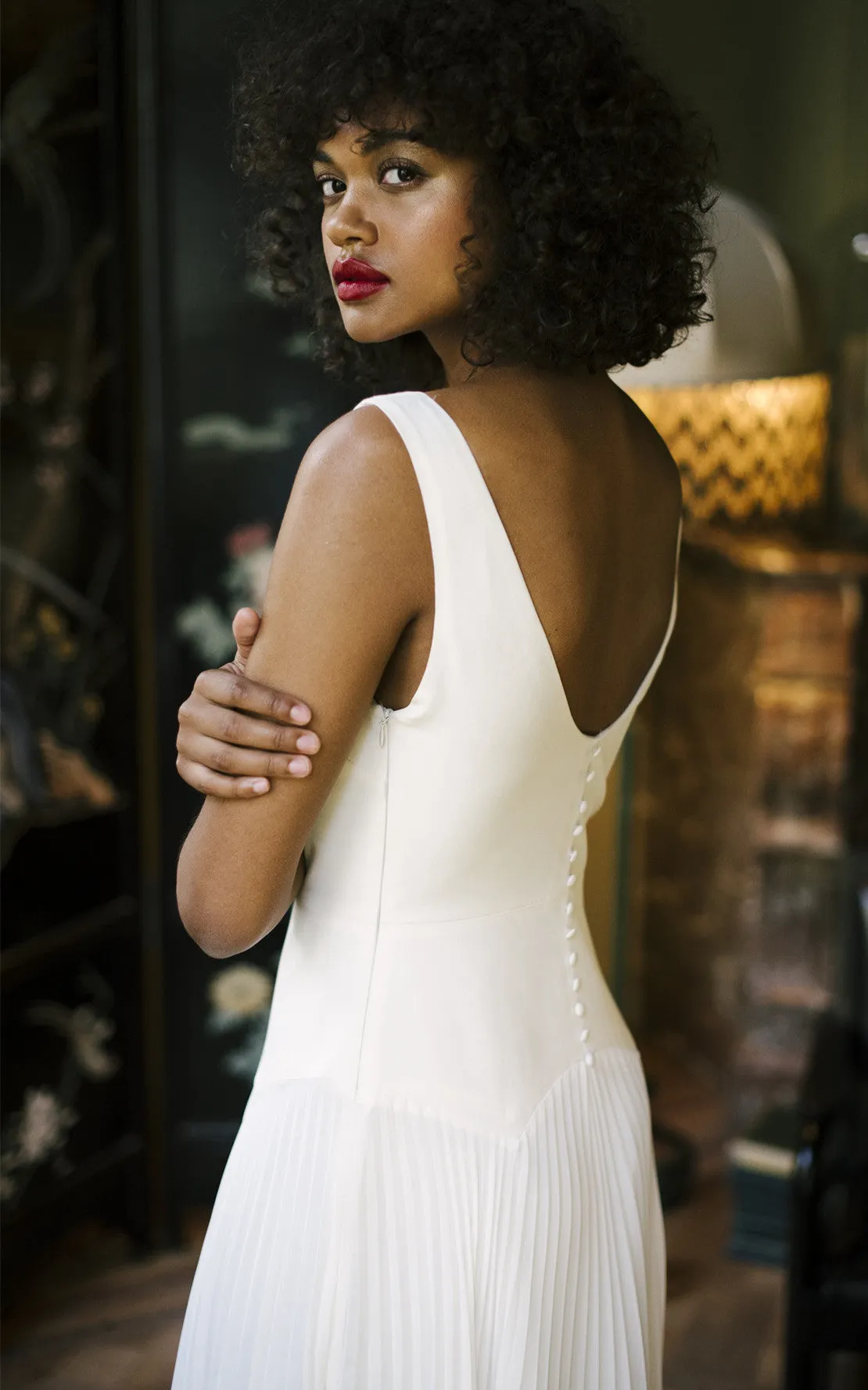 Elegant A Line V-neck Chiffon Sweep Train Wedding Dress with Pleats-716364