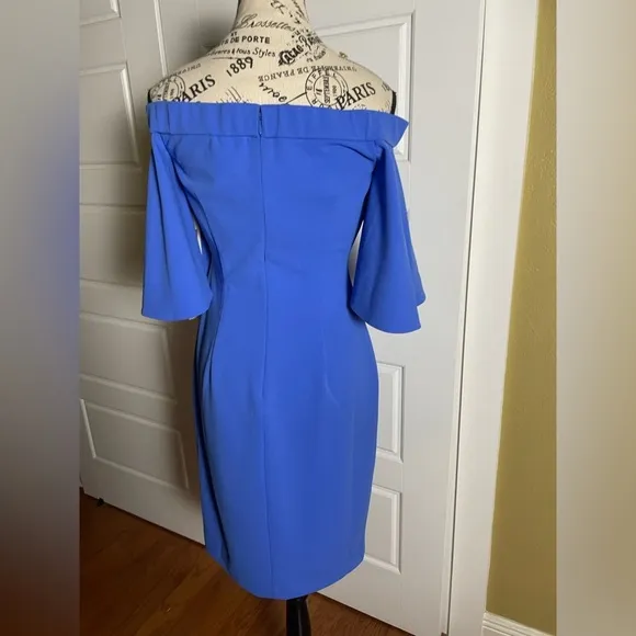 Eliza J Blue off the shoulder sheath dress