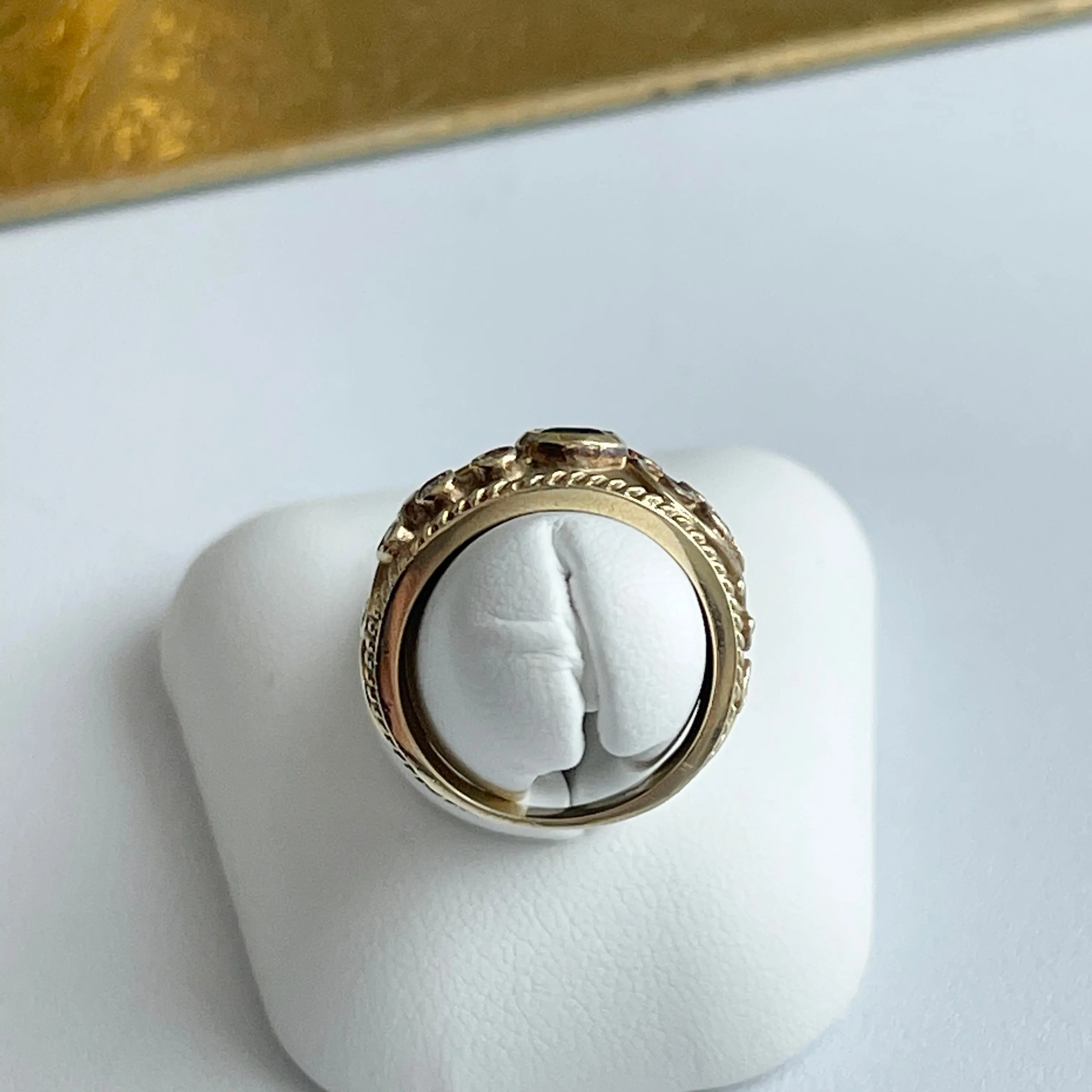 Estate 14KT Yellow Gold Byzantine Emerald   Diamond Cigar Band Ring