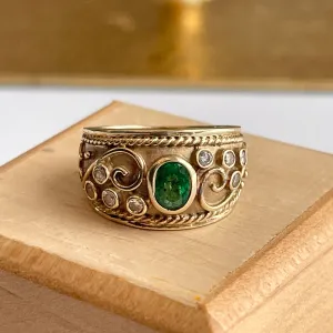 Estate 14KT Yellow Gold Byzantine Emerald   Diamond Cigar Band Ring
