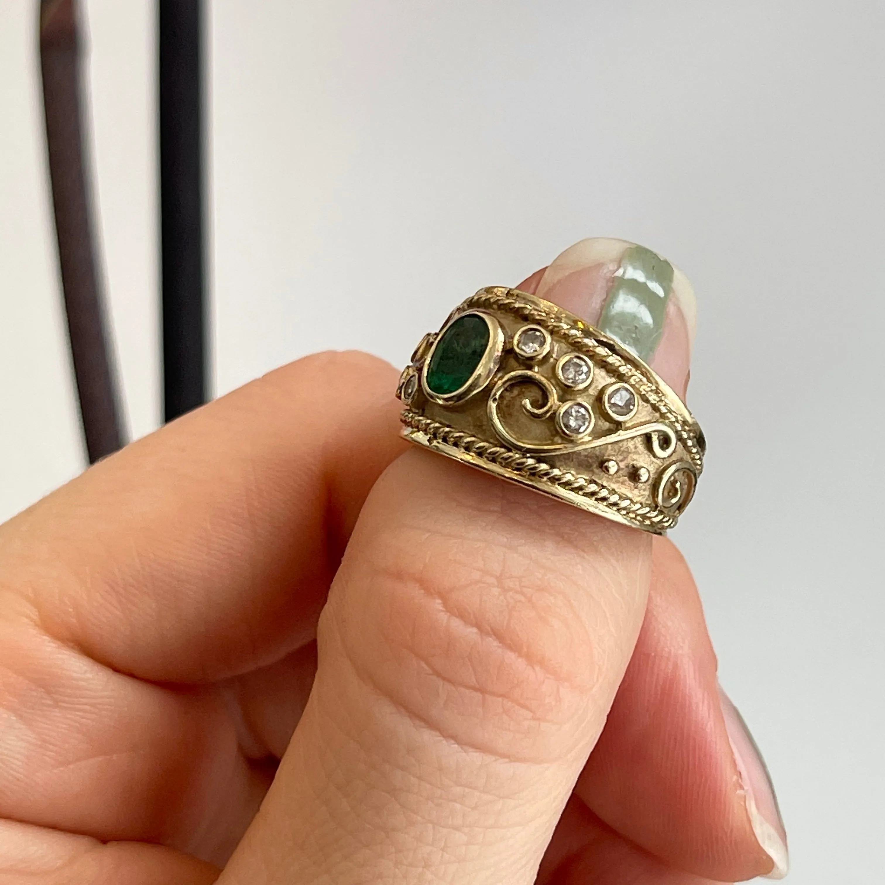Estate 14KT Yellow Gold Byzantine Emerald   Diamond Cigar Band Ring