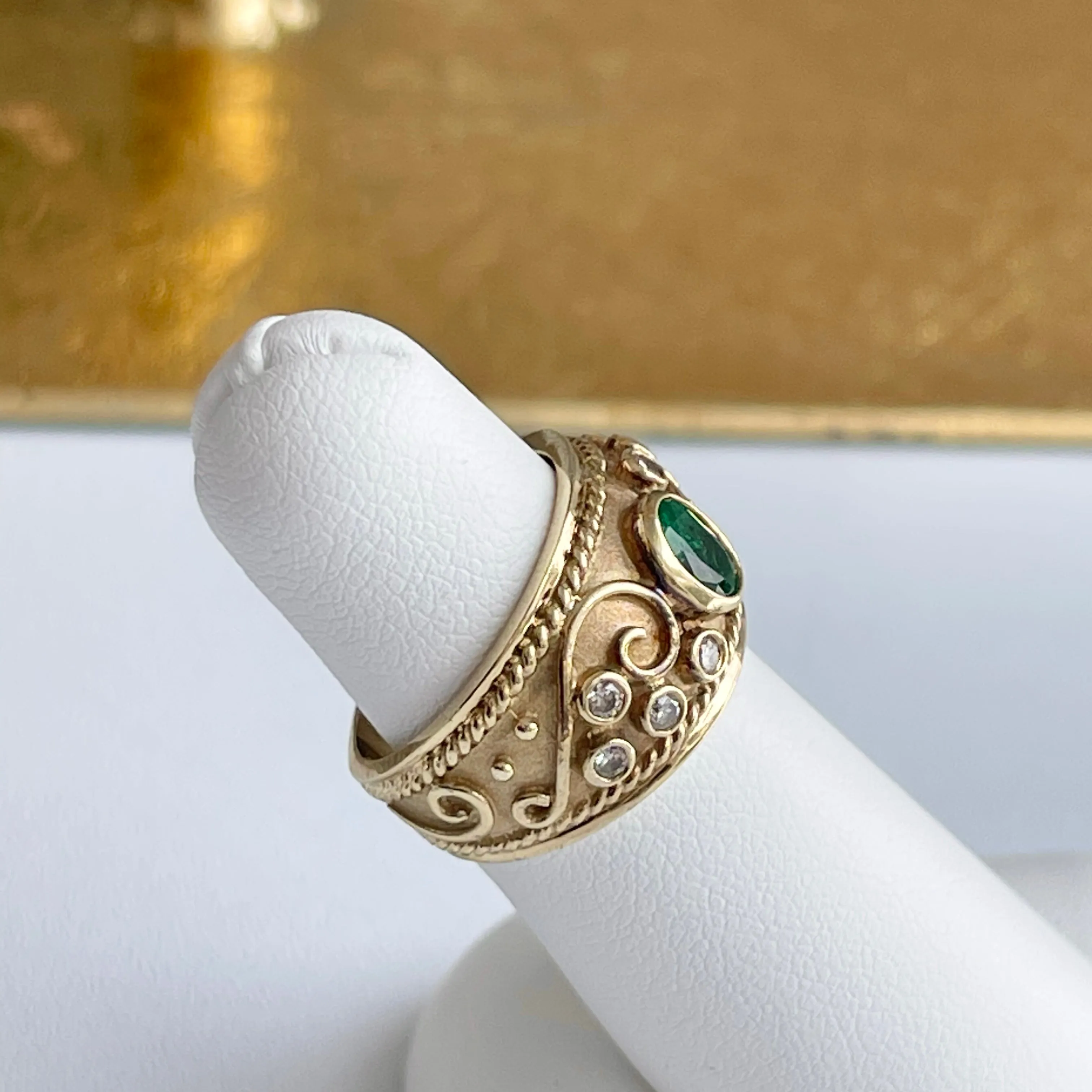 Estate 14KT Yellow Gold Byzantine Emerald   Diamond Cigar Band Ring