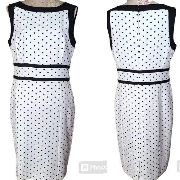 Evan Picone Black Label Size 12 Classy Preppy White Black Polka Dot Sheath Dress
