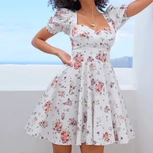 Floral Pattern Short Sleeve Backless Pleated Cottagecore Dress