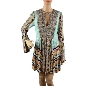 Free People Tegan Border Printed Mini Dress Size 2 Blue Combo