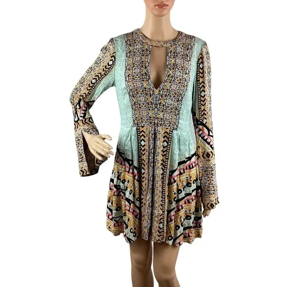 Free People Tegan Border Printed Mini Dress Size 2 Blue Combo
