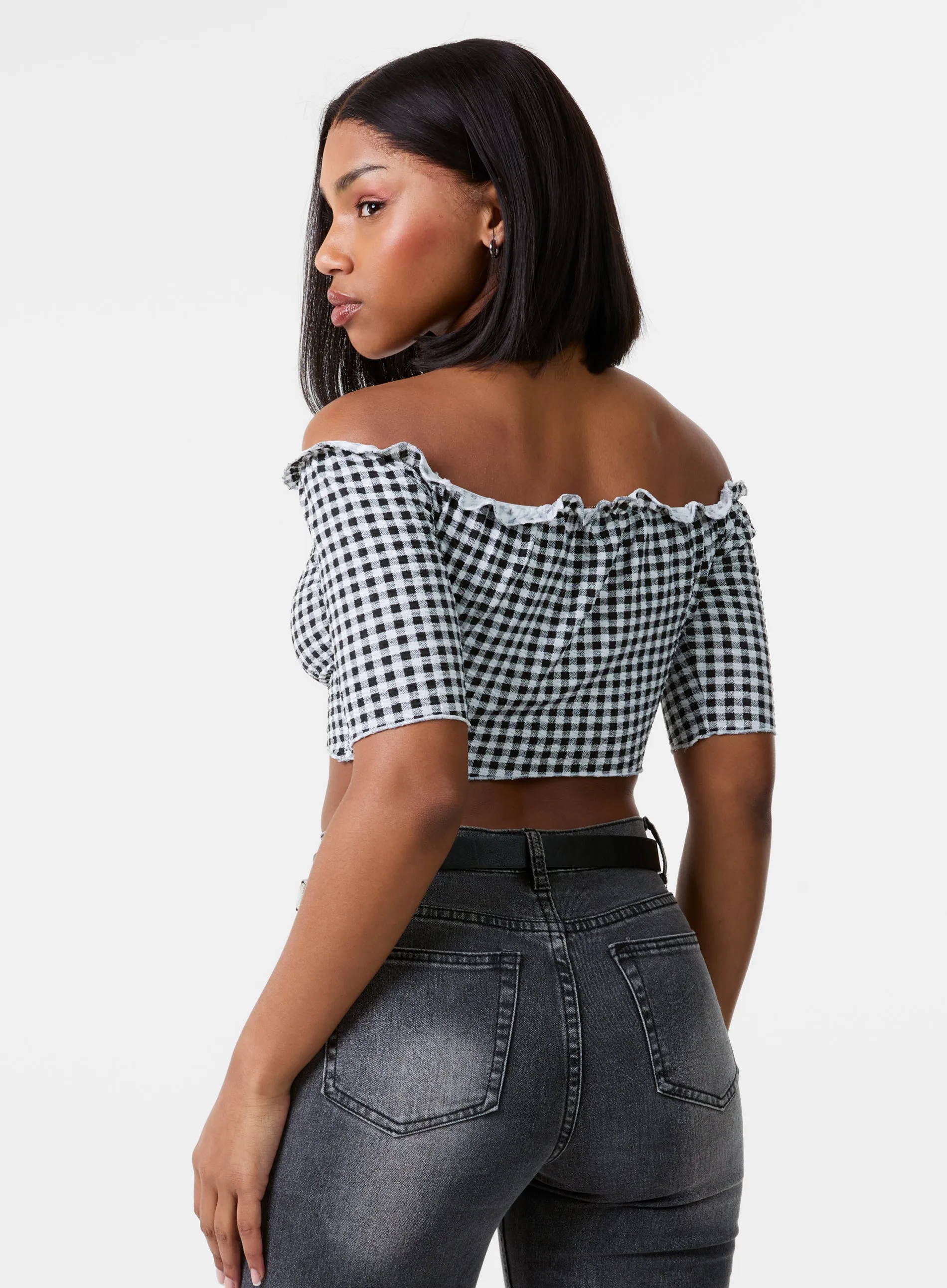 Frill Detail Gingham Bardot Top