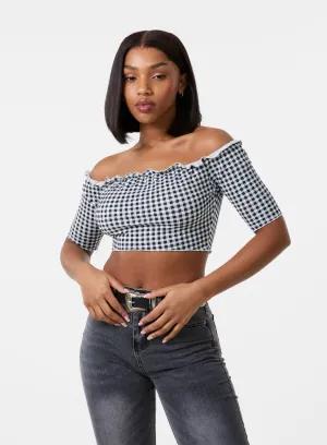 Frill Detail Gingham Bardot Top