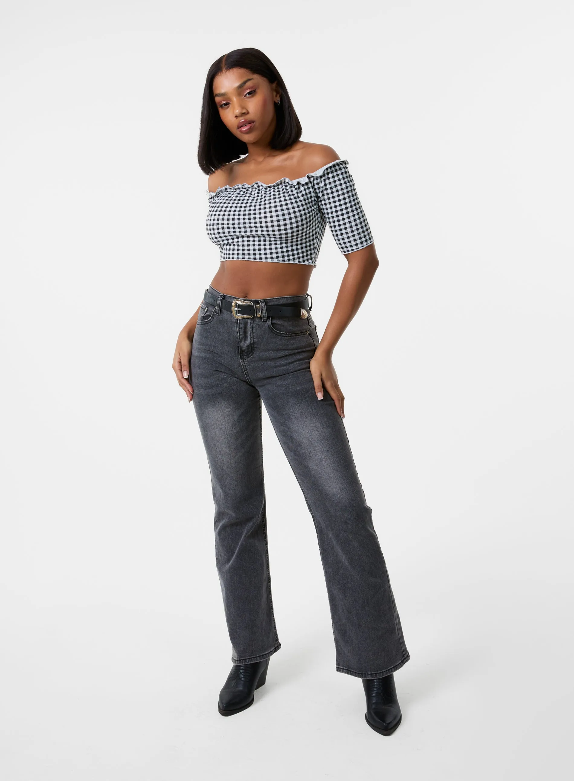 Frill Detail Gingham Bardot Top
