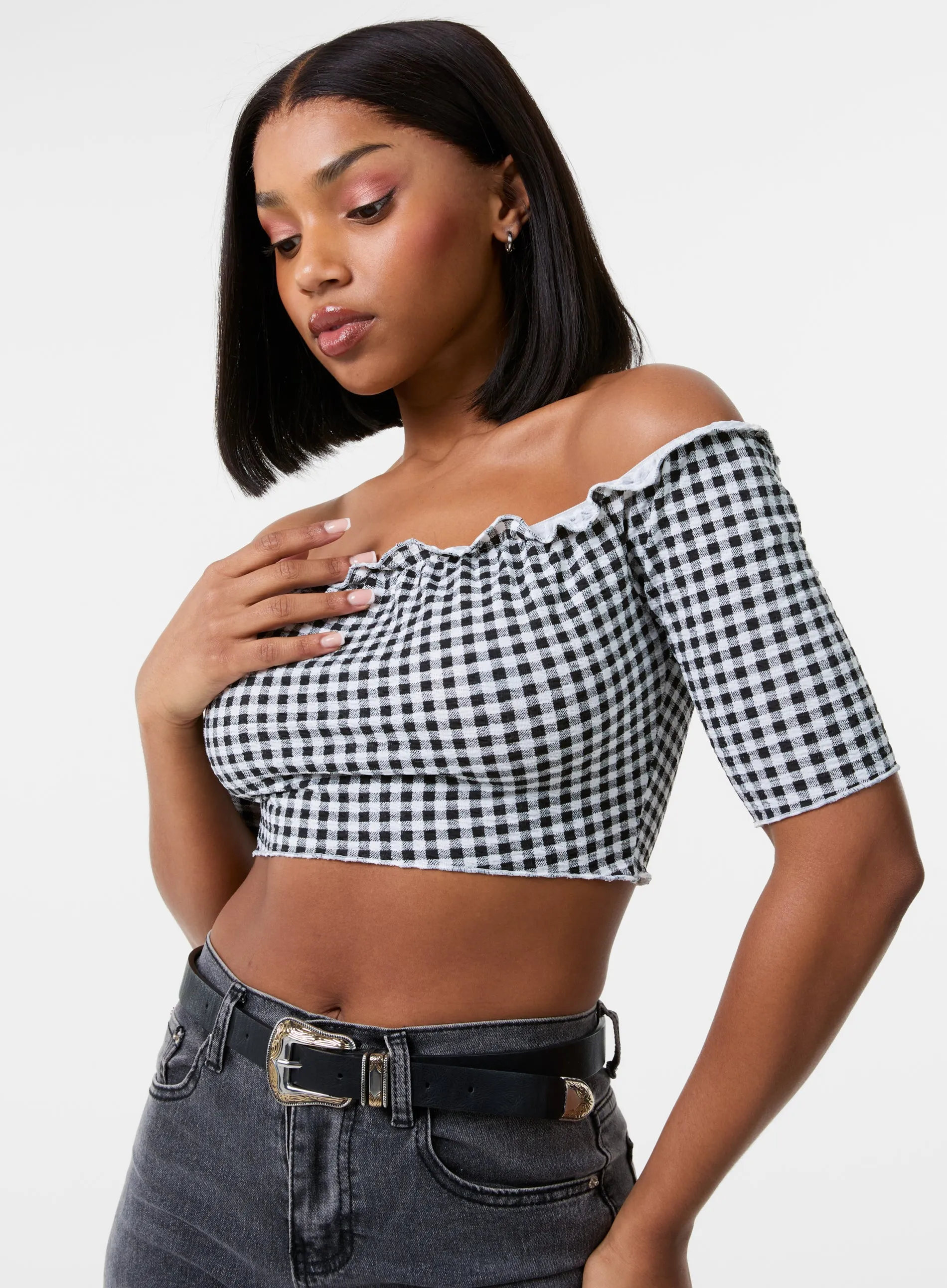Frill Detail Gingham Bardot Top