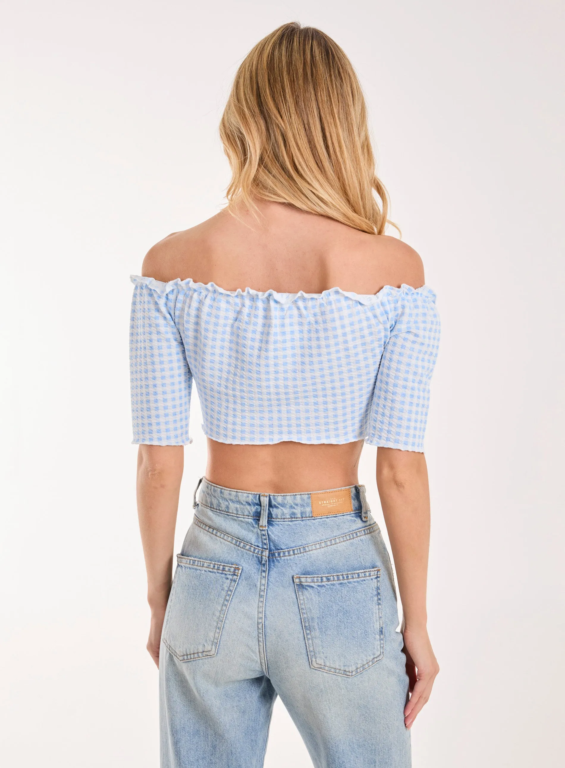 Frill Detail Gingham Bardot Top