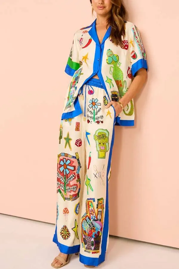 Funny Graffiti Print Casual Two-piece Set
