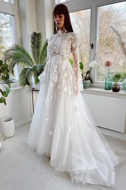 Gorgeous High Collar Long Sleeves A-Line Lace Wedding Dresses with Chapel Train