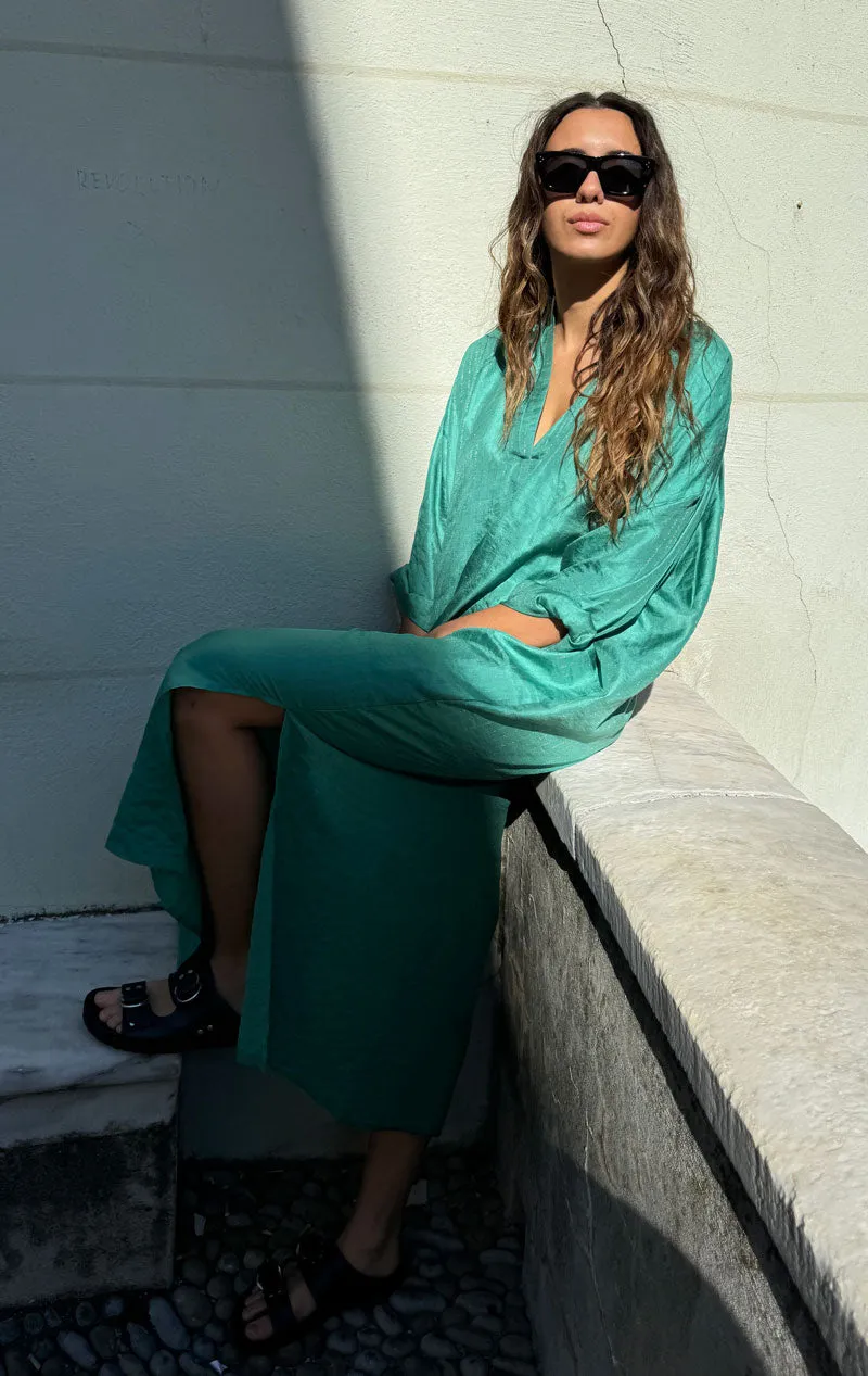 Green Silk metallic pinstripe long caftan
