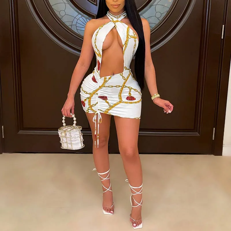 Halter Neck Hollow Out Print Bodycon Mini Dress
