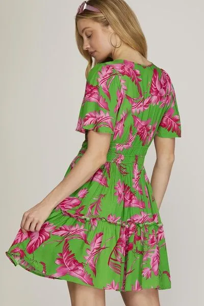 Hazel Blues® | She   Sky Printed Notched Short Sleeve Frill Tiered Dress