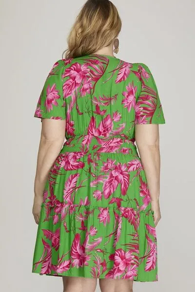 Hazel Blues® | She   Sky Printed Notched Short Sleeve Frill Tiered Dress