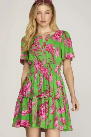 Hazel Blues® | She   Sky Printed Notched Short Sleeve Frill Tiered Dress