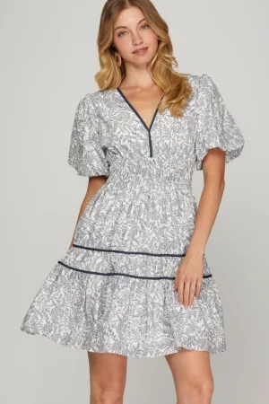 Hazel Blues® | She   Sky Printed V-Neck Puff Sleeve Tiered Dress
