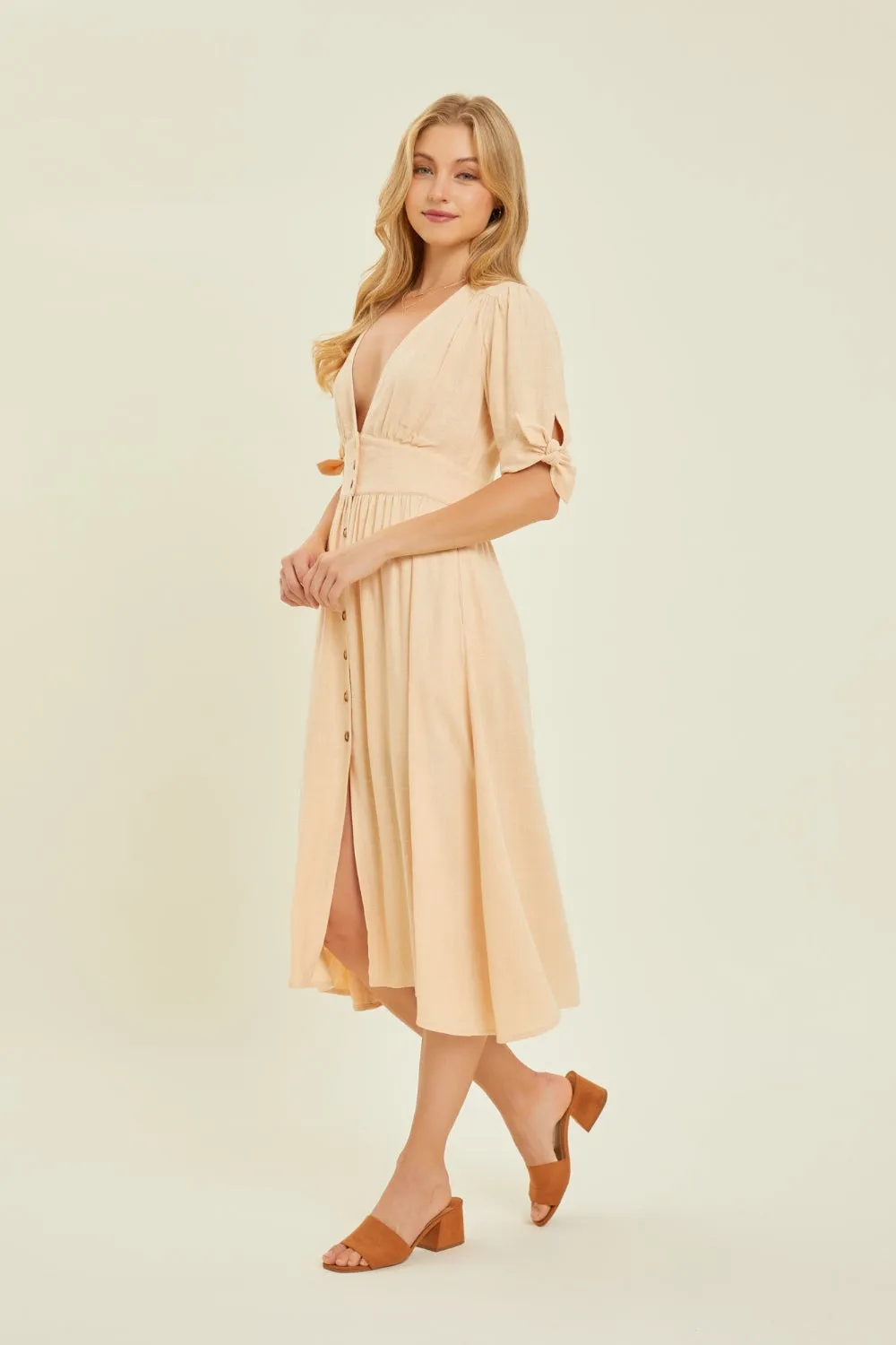 HEYSON Textured Linen V-Neck Button-Down Midi Dress