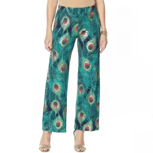 IMAN Women's Petite Global Chic Luxury Resort Peacock Print Palazzo Pants