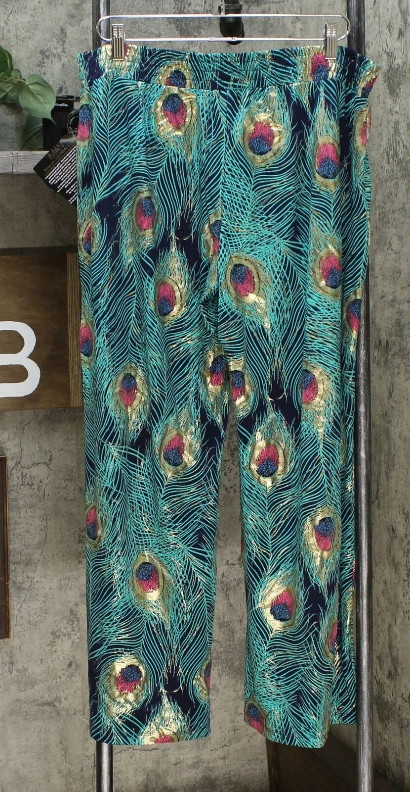 IMAN Women's Petite Global Chic Luxury Resort Peacock Print Palazzo Pants