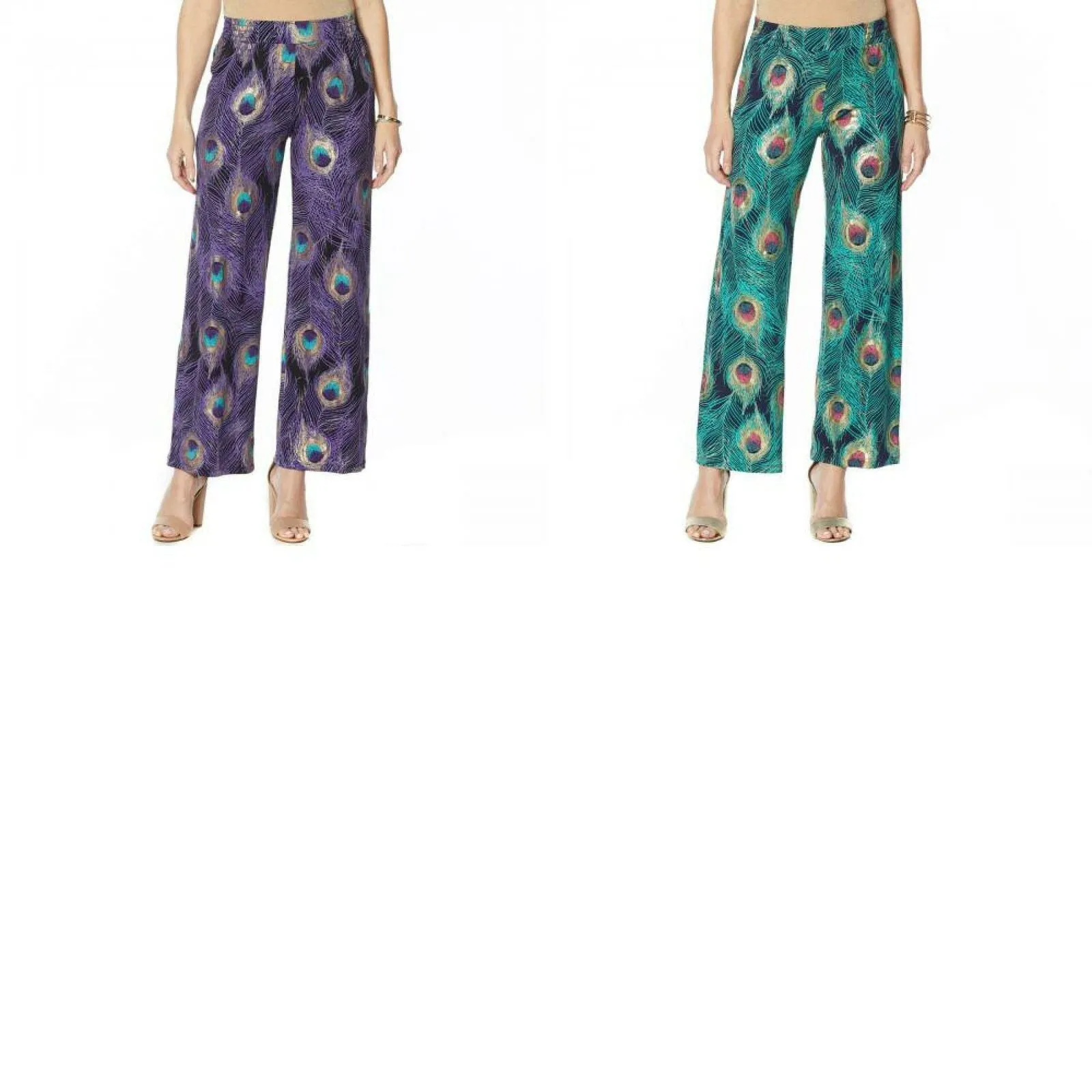 IMAN Women's Petite Global Chic Luxury Resort Peacock Print Palazzo Pants