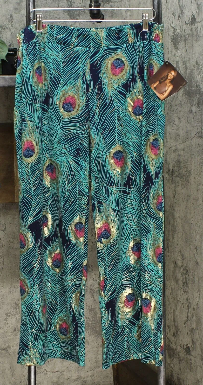 IMAN Women's Petite Global Chic Luxury Resort Peacock Print Palazzo Pants