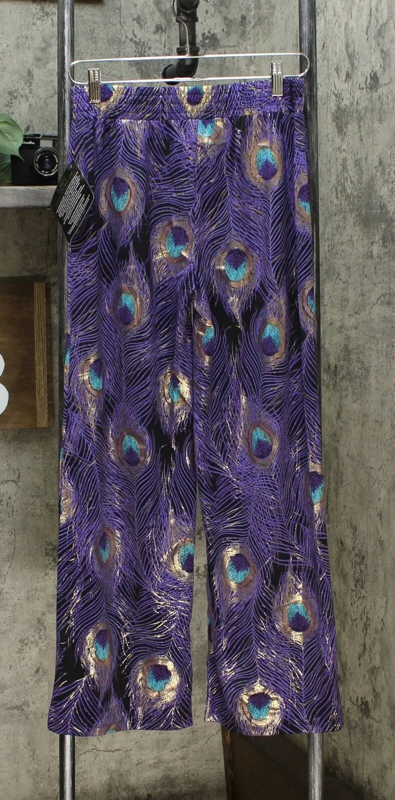 IMAN Women's Petite Global Chic Luxury Resort Peacock Print Palazzo Pants