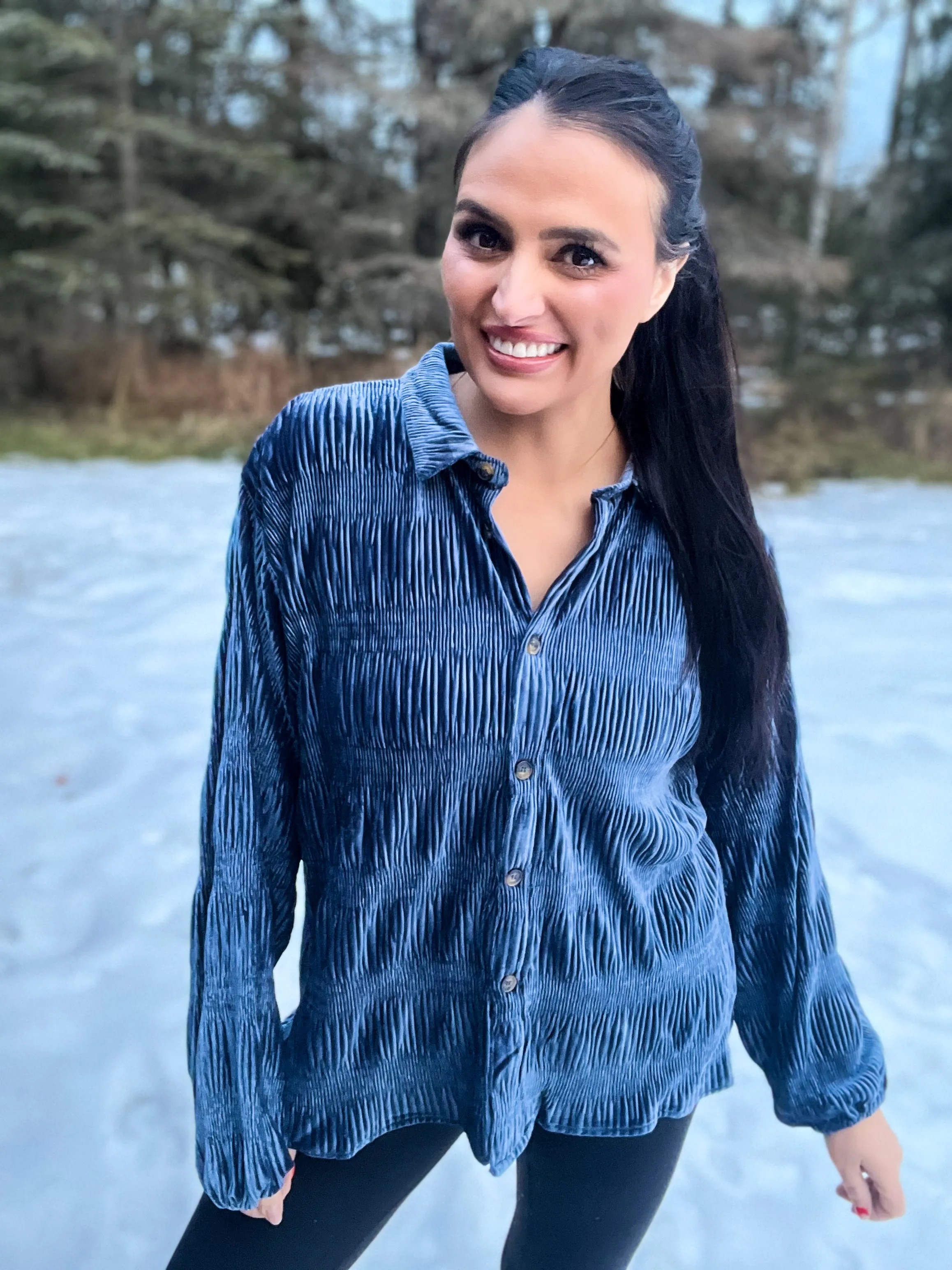 Jewel Crushed Velour Button Down Shirt- Dusty Blue