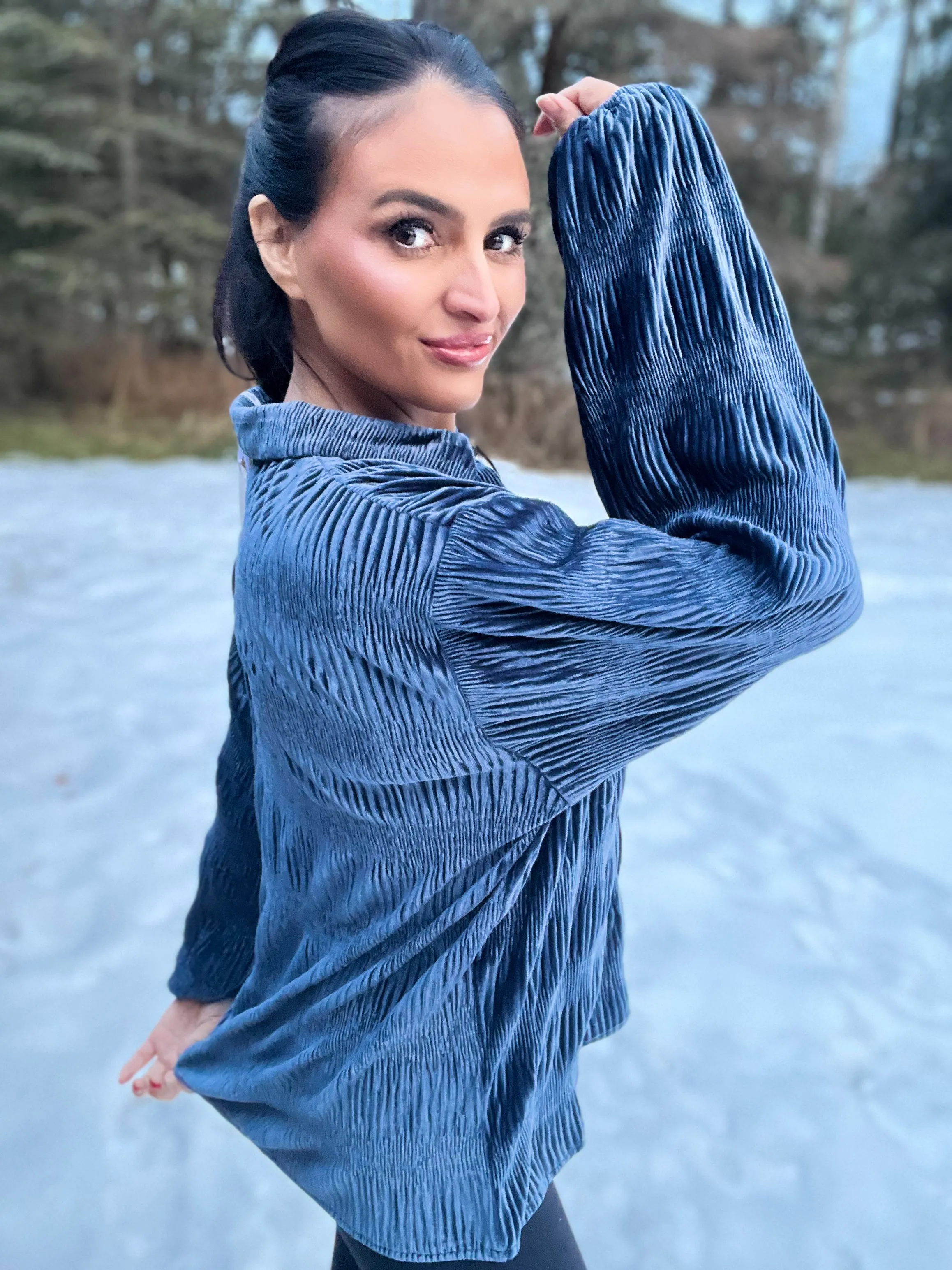 Jewel Crushed Velour Button Down Shirt- Dusty Blue