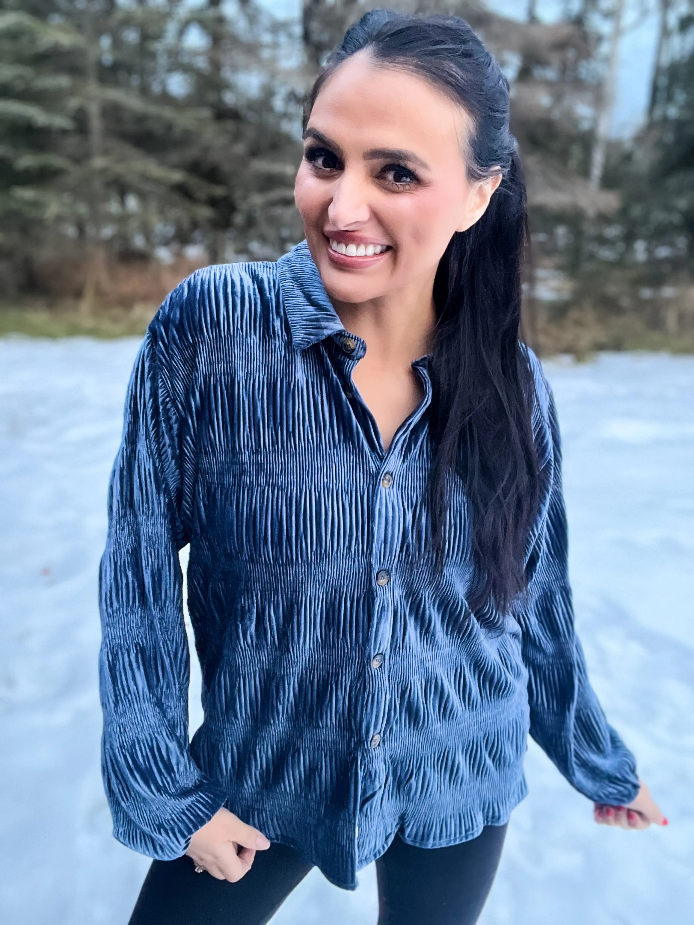 Jewel Crushed Velour Button Down Shirt- Dusty Blue